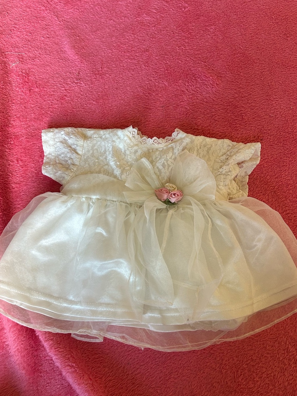 White Lace & Tulle Baby Dress with Pink Rose Accent